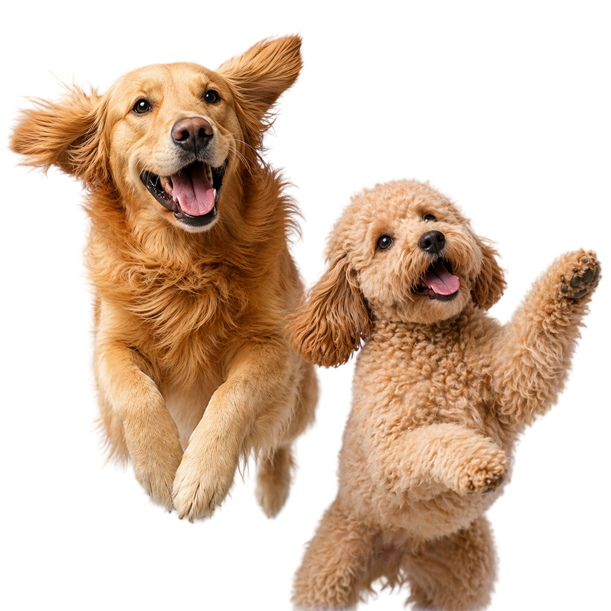 Golden Retriever y Poodle saltando felices — HappyDogMx